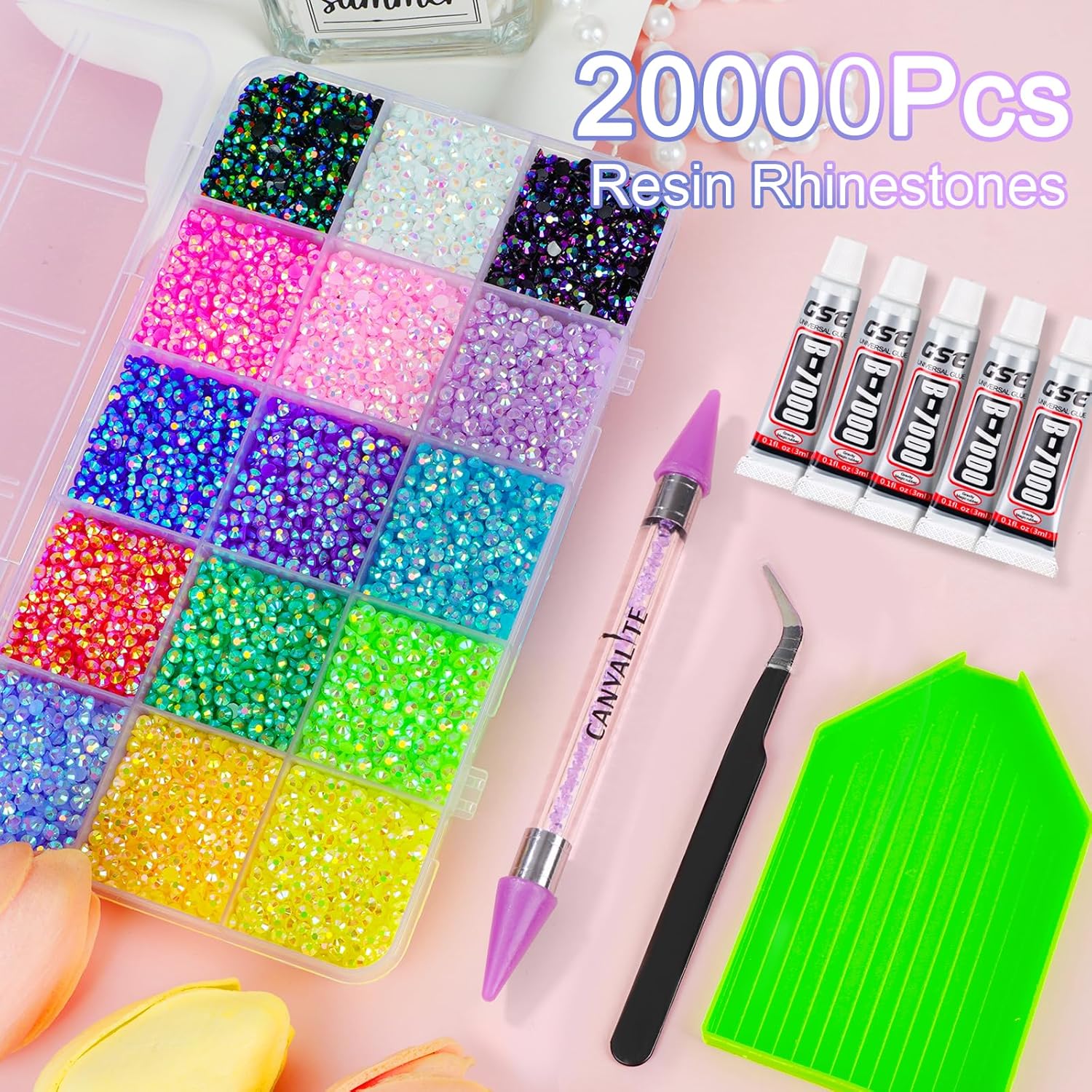 18000Pcs Resin Jelly Rhinestones for Bedazzling, Multicolor 3mm Flatback Rainbow Gems, Bedazzling Crystal with 4Pcs 2.5g Jewelry Glue, Rhinestone Picker for DIY Crafting Clothes Shoes Nail Art-GlimoraGlow