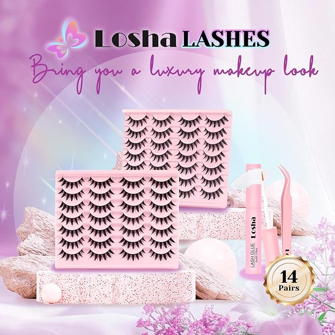 Losha Lashes Spiky Manga Lashes 14 Pairs Anime False Eyelashes 8D Wispy Eye Lashes Kit with Lash Glue and Lash Tweezers Natural Soft Fake Eyelashes (Cutes)-GlimoraGlow