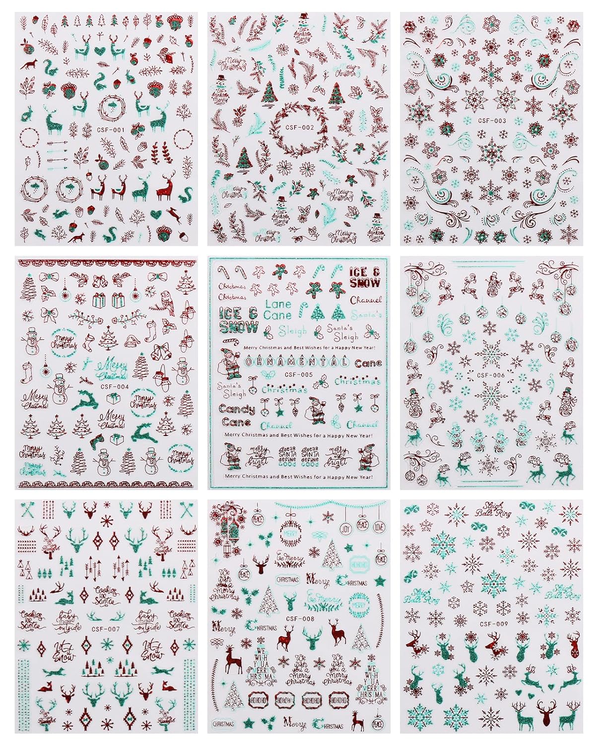 JMEOWIO 9 Sheets Christmas Glitter Nail Art Stickers Decals Self-Adhesive Green Red Snowflake Winter Holiday Nail Supplies Nail Art Design Decoration Accessories-GlimoraGlow