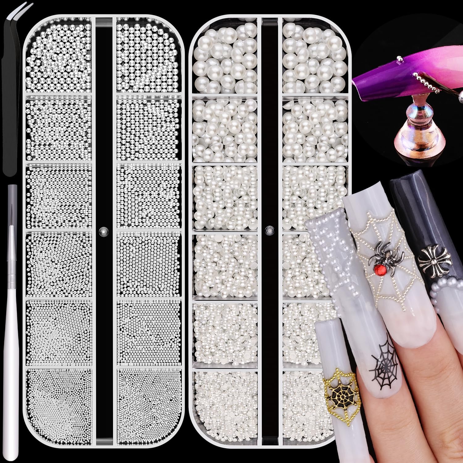 2 Boxes Flatback Pearls (White) and Metal Beads (Silver) for Nail Art, Luxurious Pearl Charms and Small Round Caviar Beads Accessories for Acrylic Tips Manicure Decor-GlimoraGlow