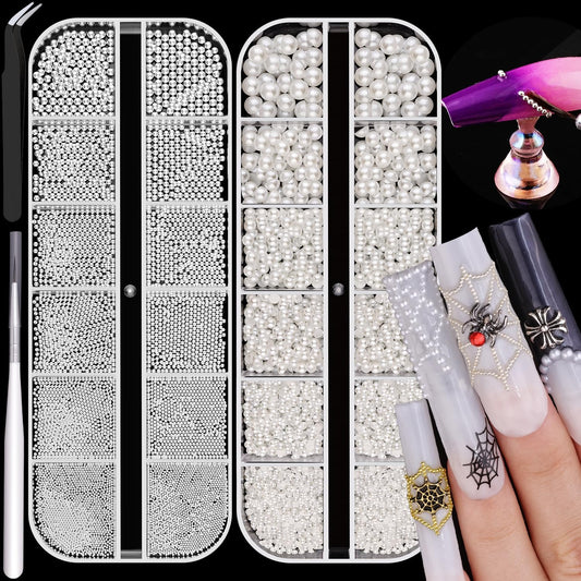 2 Boxes Flatback Pearls (White) and Metal Beads (Silver) for Nail Art, Luxurious Pearl Charms and Small Round Caviar Beads Accessories for Acrylic Tips Manicure Decor-GlimoraGlow