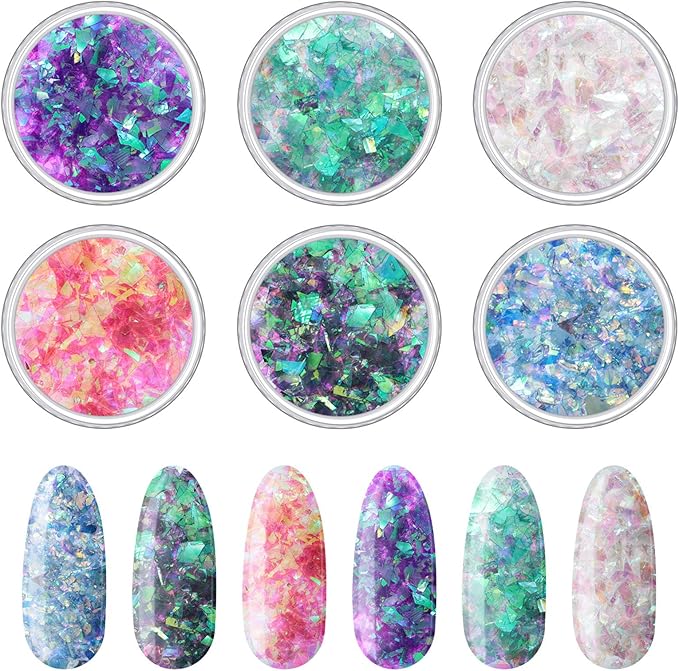 12 Boxes Mermaid Iridescent Chunky Glitter Flakes Chrome Nail Sequins Aurora Holographic Mermaid Nail Glitter Flakes Glitters Chunky Iridescent Flakes for Face Eyes Body Hair Nail Decoration-GlimoraGlow