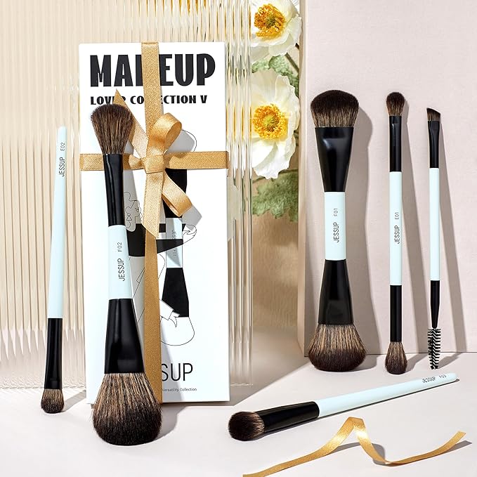 Jessup Makeup Brush Set 6pcs Double Sided Makeup Brushes Foundation Contour Blush Highlight Blending Eyebrow Brush Eyeshadow Brush, Vegan Fiber Make up Brush Bright Cyan T501-GlimoraGlow
