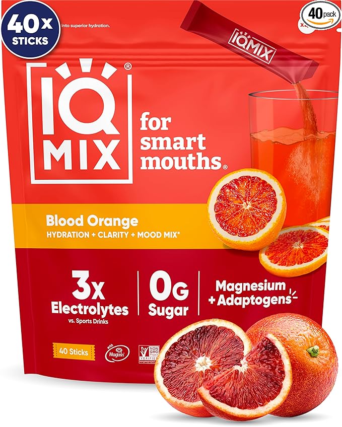 IQMIX Hydration Electrolyte Powder – 4-in-1 Formula for Hydration, Mental Clarity, Mood and Recovery – Sugar-Free Drink Mix, Keto, Magnesium L-Threonate, Lion’s Mane – 40 Count Blood Orange-GlimoraGlow