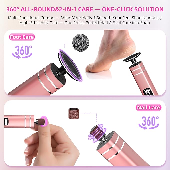 2 in 1 Electric Foot Callus Remover,9 Adjustable Speeds Rechargeable Electric Dead Skin Sander Pedicure Tools with Sandpaper Disk and Nail Drill Bits,Grinding Heads for Women&Men-GlimoraGlow