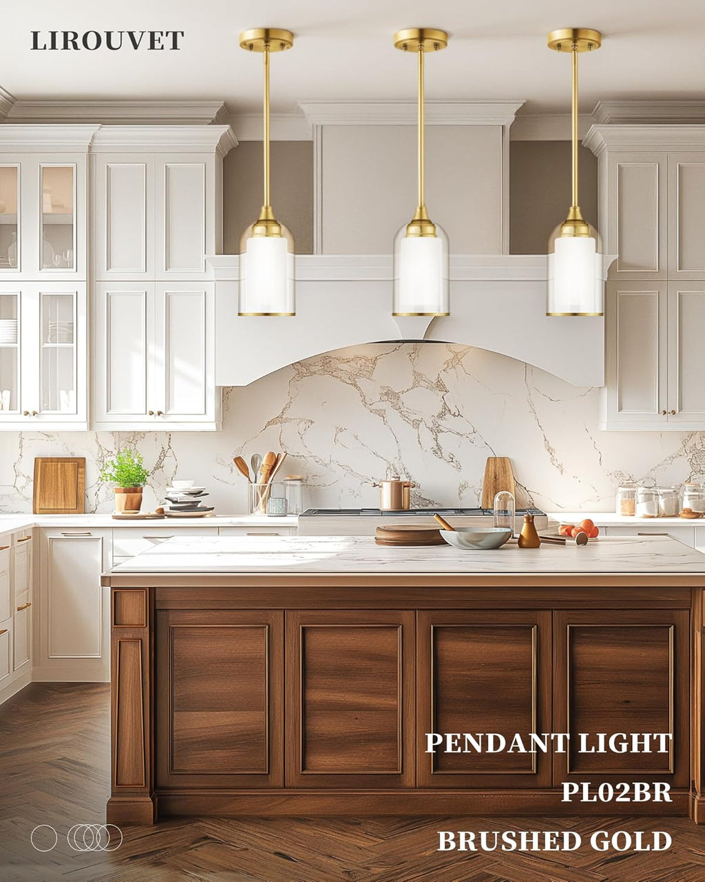 LIROUVET Gold Pendant Lights Kitchen Island - Dual Glass Pendant Light, 1-Light Hanging Light with Clear and Milk Glass, Vintage Pendant Light Fixtures for Kitchen, Dining Room, PL02BR