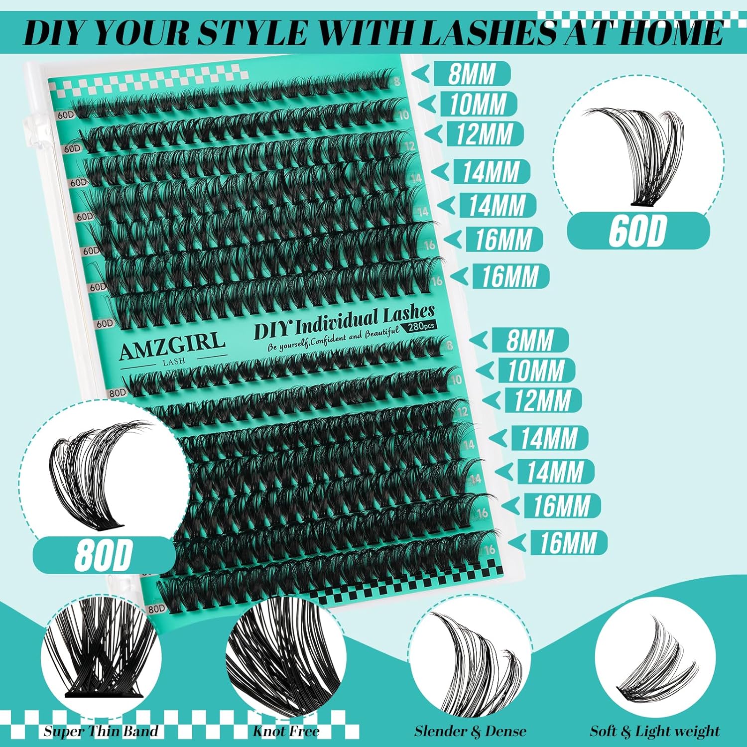 Lash Extension Kit 280Pcs,60D 80D Individual Lashes Clusters Kit,Lash Bond And Seal,Lash Remover For Eyelashes Extensions,Lash Applicator Tool For False Eyelash Cluster Kit At Home(D-Mix8-16mmKit)-GlimoraGlow