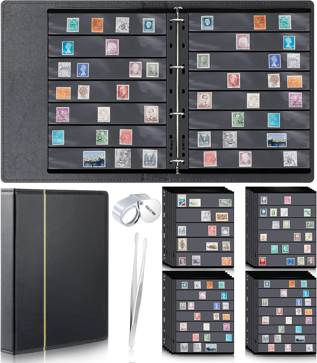 Lewtemi Stamp Collecting Albums Set Stamp Collection Book Include 20 Pages Album Binder Tweezer and Loop Magnifier Collecting Supplies for Collectors (Black,5/6/7/8 Rows)