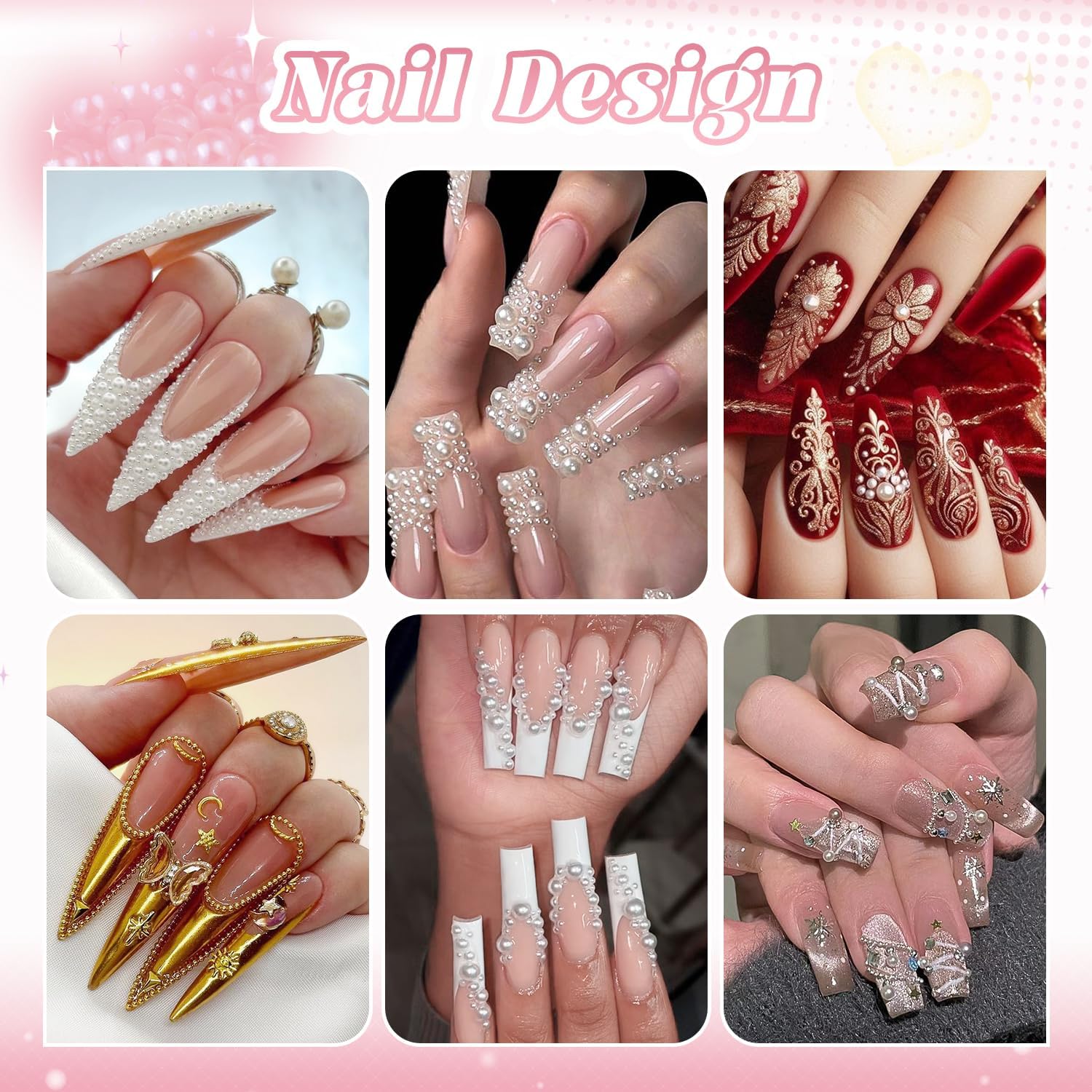 2 Boxes Flatback Pearls (White) and Metal Nail Beads (Silver+Gold) with Rhinestones Glue Gel for Nail Art, Pearl Nail Charms and Small Round Caviar Beads Nail Accessories for Manicure Decor-GlimoraGlow