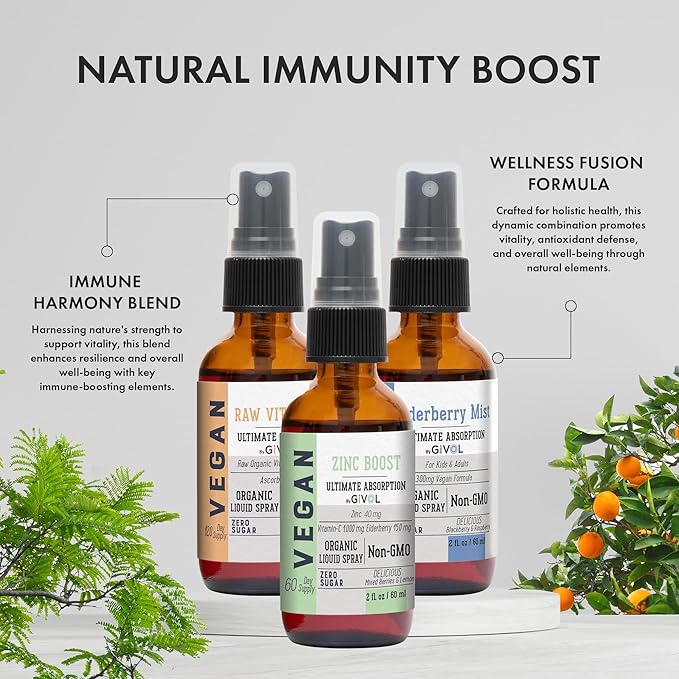 Immunity Pack Liquid Vitamins (Pack of 3) Sambucus Nigra Elderberry Mist, Zinc Boost Mist and Vitamin C Mist (Extra Strength) - Natural Immune System Support - Non-GMO Gluten-Free - 240 Days Supply-GlimoraGlow