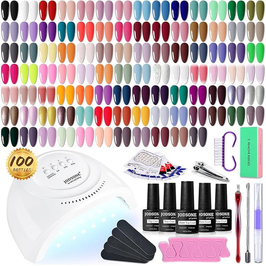 JODSONE 100 Bottles of Gel Nail Polish Kit with U V Led Light 95 Multiple Glossy Glitter Colors Mint Green Light Pink Nail Gel Base Coat Glossy and Matte Top Coat Gel Polish Kit-GlimoraGlow