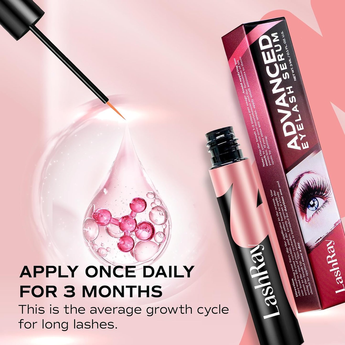 Advanced Lash Serum for Eyelash Growth: LashRay Eye Lash Enhancing Serum to Grow Longer Thicker Eyelashes and Eyebrows for Women, 0.1 oz-GlimoraGlow