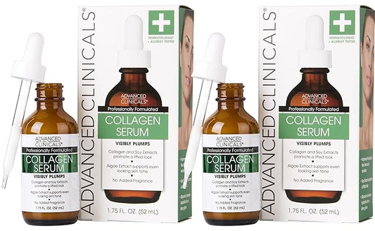 Advanced Clinicals Collagen Serum For Face | Visible Anti Aging Collagen Peptide Serum + Hyaluronic Acid Moisturizer Improves Look Of Wrinkles, Dry Skin, & Fine Lines, No added Fragrance, 2-Pack-GlimoraGlow