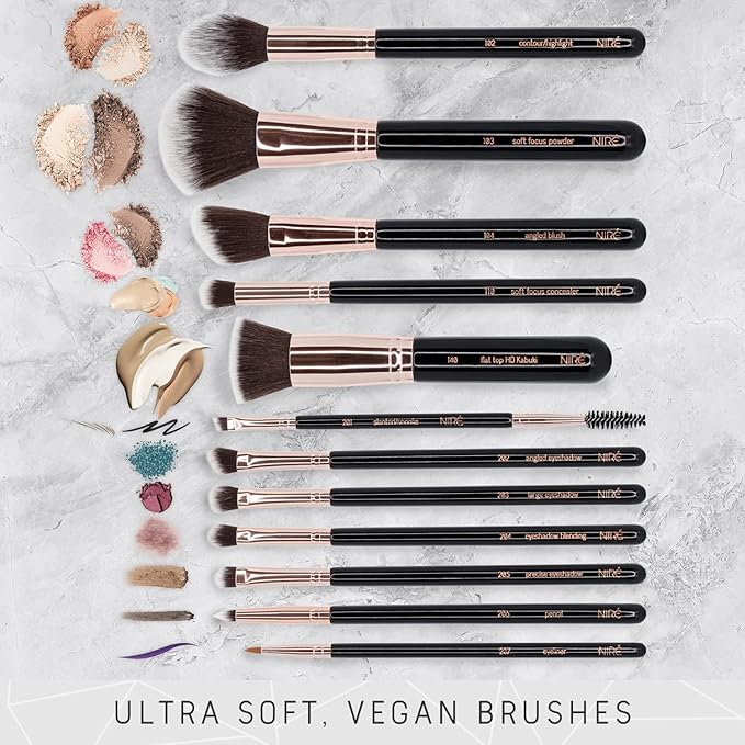 Niré Beauty 15piece Award Winning Professional Makeup Brush Set: Vegan Makeup Brushes with Case, Makeup Sponge, Brush Cleaner, Guide, Gift Box-GlimoraGlow