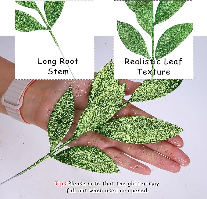 GREENTIME 12 Pack Artificial Green Glitter Leaves 13" Fake Christmas Picks Decorative Glitter Sticks for Vase Christmas Tree DIY Wreath Crafts Fireplace Decor