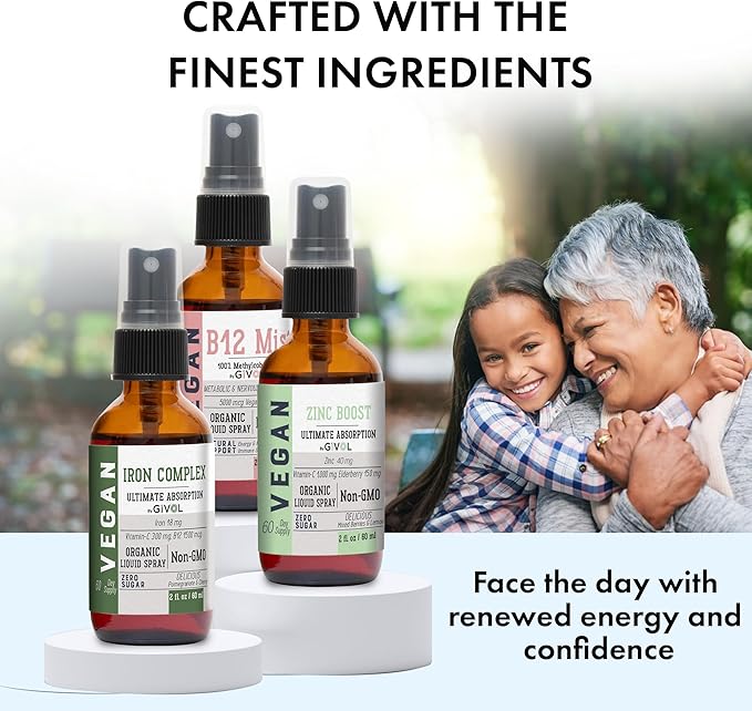 Iron Support Spray Bundle Liquid Vitamin B12 Methylcobalamin, Zinc Picolinate, and Bisglycinate | Non-GMO, Gluten-Free, Sugar-Free Iron Supplement | 2 Fl Oz Each | 360 Days Supply-GlimoraGlow