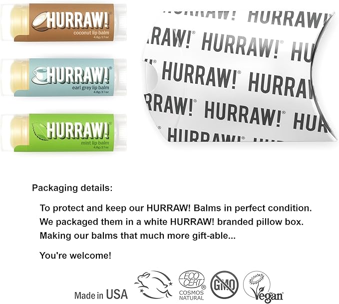 Hurraw! Coconut, Earl Grey, Mint Lip Balms, 3 Pack Bundle: Organic, Certified Vegan, Cruelty and Gluten Free. Non-GMO, 100% Natural Ingredients. Bee, Shea, Soy and Palm Free. Made in USA-GlimoraGlow