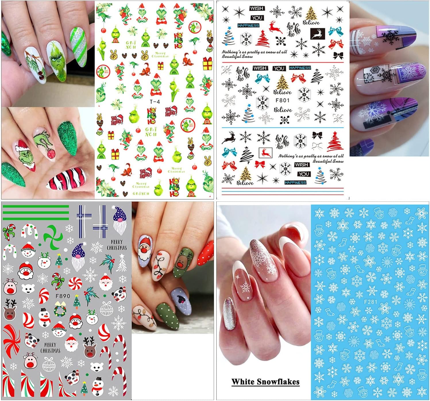 10 Sheets Christmas Nail Art Stickers 3D Xmas Nail Decals Winter Snowflake Santa Claus Snowman Buffalo Plaid Reindeer Nail Stickers for Christmas Nail Designs Decorations Manicure Tips Charms-GlimoraGlow