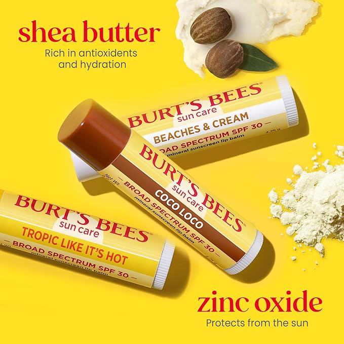 Burt’s Bees SPF 30 Lip Balm Mothers Day Gifts for Mom, Island Getaway - Coco Loco, Beaches & Cream, Tropic Like It's Hot, Water-Resistant Sun Care, Natural Origin Lip Treatment, 3 Tubes, 0.15 oz-GlimoraGlow