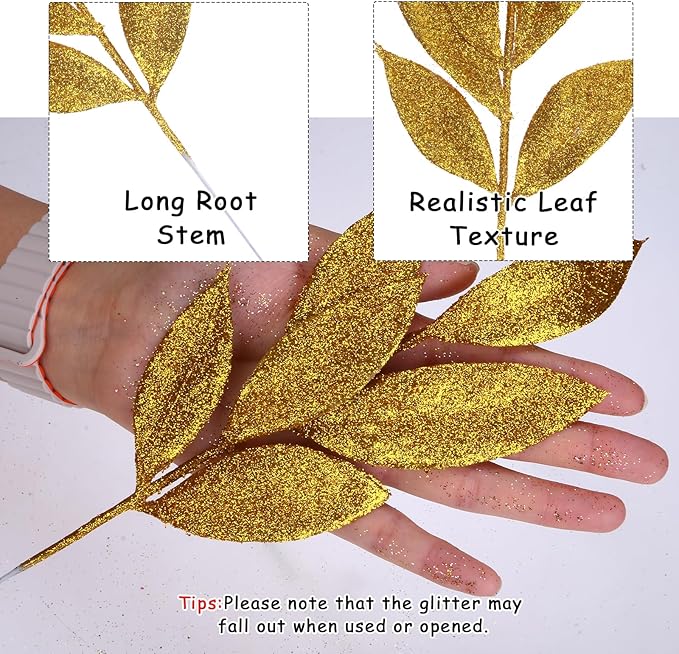 GREENTIME 12 Pack Artificial Golden Glitter Leaves 13" Fake Christmas Picks Decorative Glitter Sticks for Vase Christmas Tree DIY Wreath Crafts Fireplace Decor