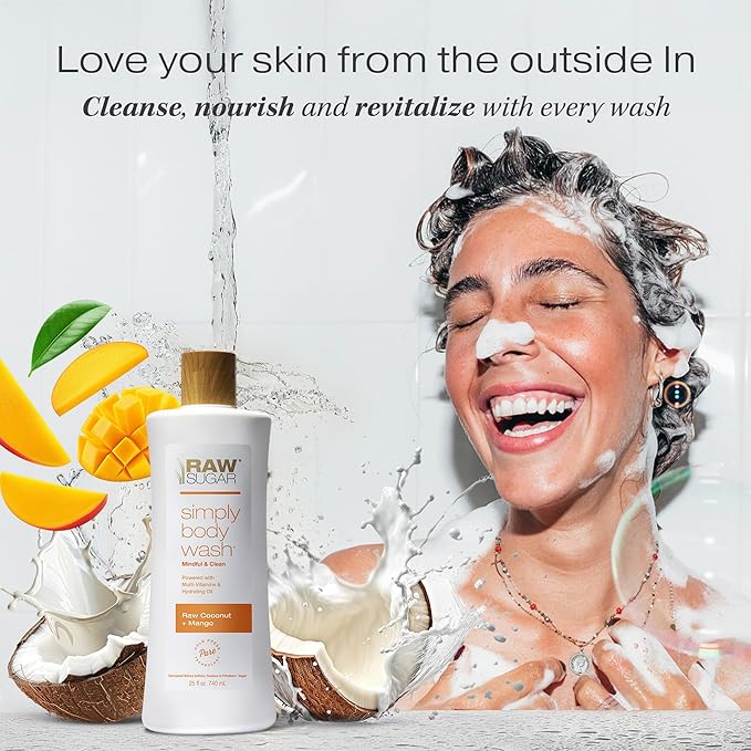 RAW SUGAR Simply Body Wash - Raw Coconut + Mango, Moisturizing & Soothing Bath & Shower Gel, Sulfate-Free, Paraben-Free & Vegan (Pack of 3)-GlimoraGlow