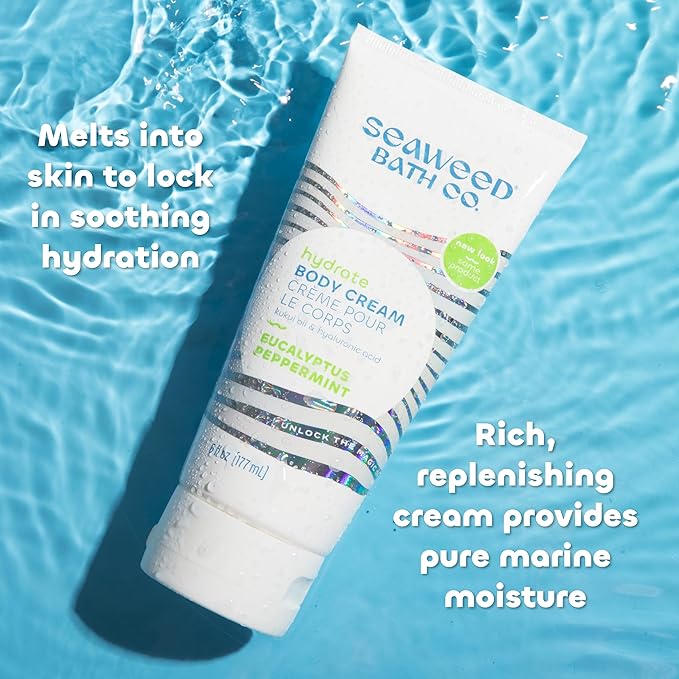 Seaweed Bath Co. Hydrate Body Cream, Eucalyptus Peppermint Scent, 6 Ounce, Nourishing Hand & Body Lotion Moisturizer for Dry Skin, with Sustainably Harvested Seaweed, Kukui Oil, Hyaluronic Acid-GlimoraGlow