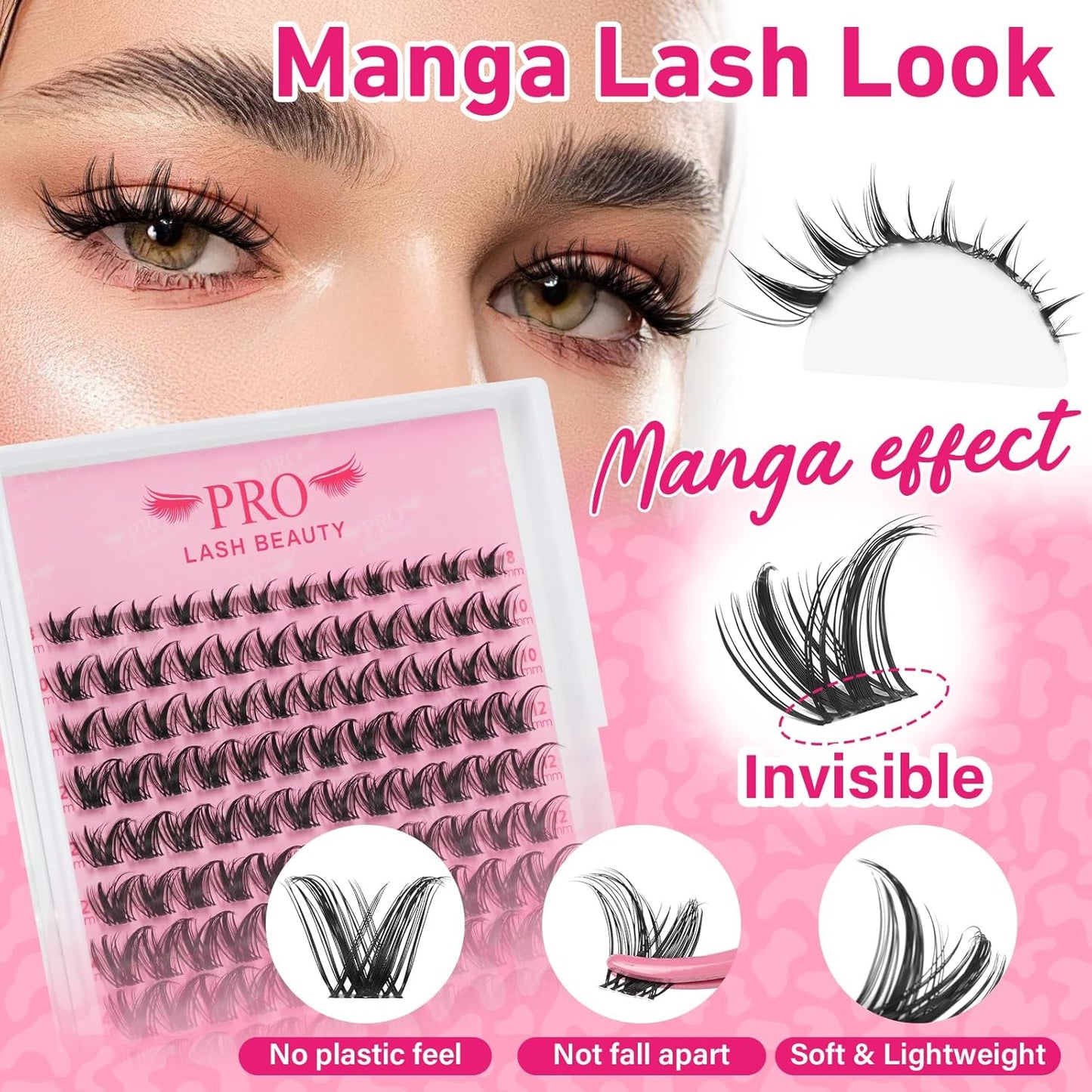 PRO LASHBEAUTY Manga Lash Clusters Kit with Lash Bond and Seal Eyelash Applictor Lash Remover DIY Lash Extension Kit for Beginner Waterproof Resuable Eyelash Extensions at Home (Sweety,8-16mix)-GlimoraGlow