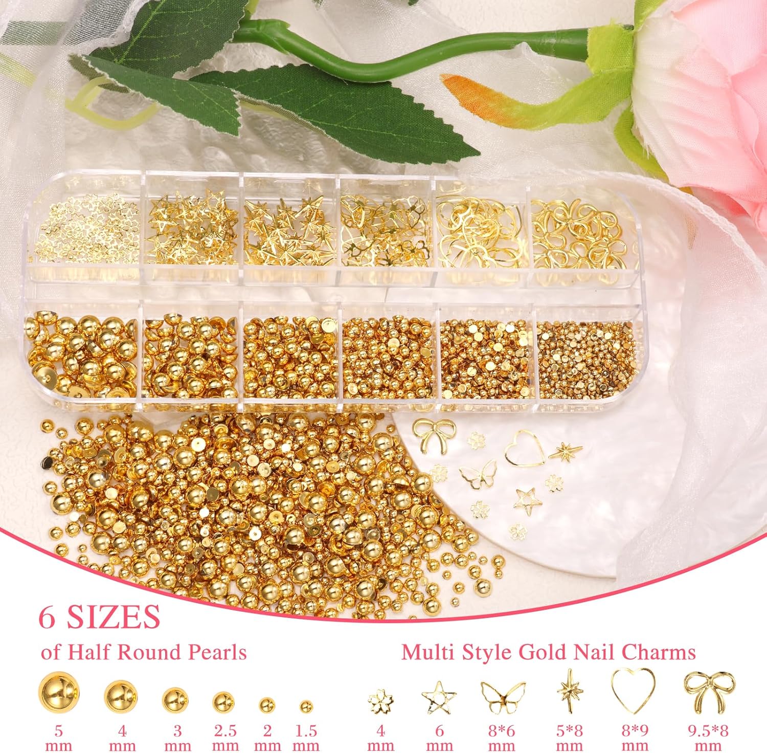 2 Boxes Metal Gold Nail Charms and Gems, 3D Alloy Crown Heart Planet Nail Gems Charms, Golden Bows Star Nail Studs, Gold Pearls Beads for Nails Art Designs DIY Accessories-GlimoraGlow
