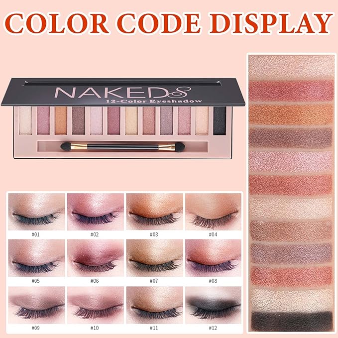 12 Color Naked Eyeshadow Palette,Pearly Earth Color Eyeshadow,Natural Shimmer Eyeshadow Palette,Professional Waterproof and Smudge Proof Eye Shadow Palette Kit,Eye Makeup Set for Women（B）-GlimoraGlow