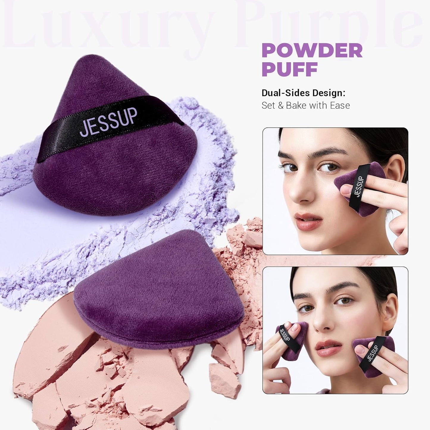 Jessup Powder Puff, 2pcs Triangle Powder Puff Soft for Foundation Setting and Baking, Reusable, Washable, Purple SP018-GlimoraGlow