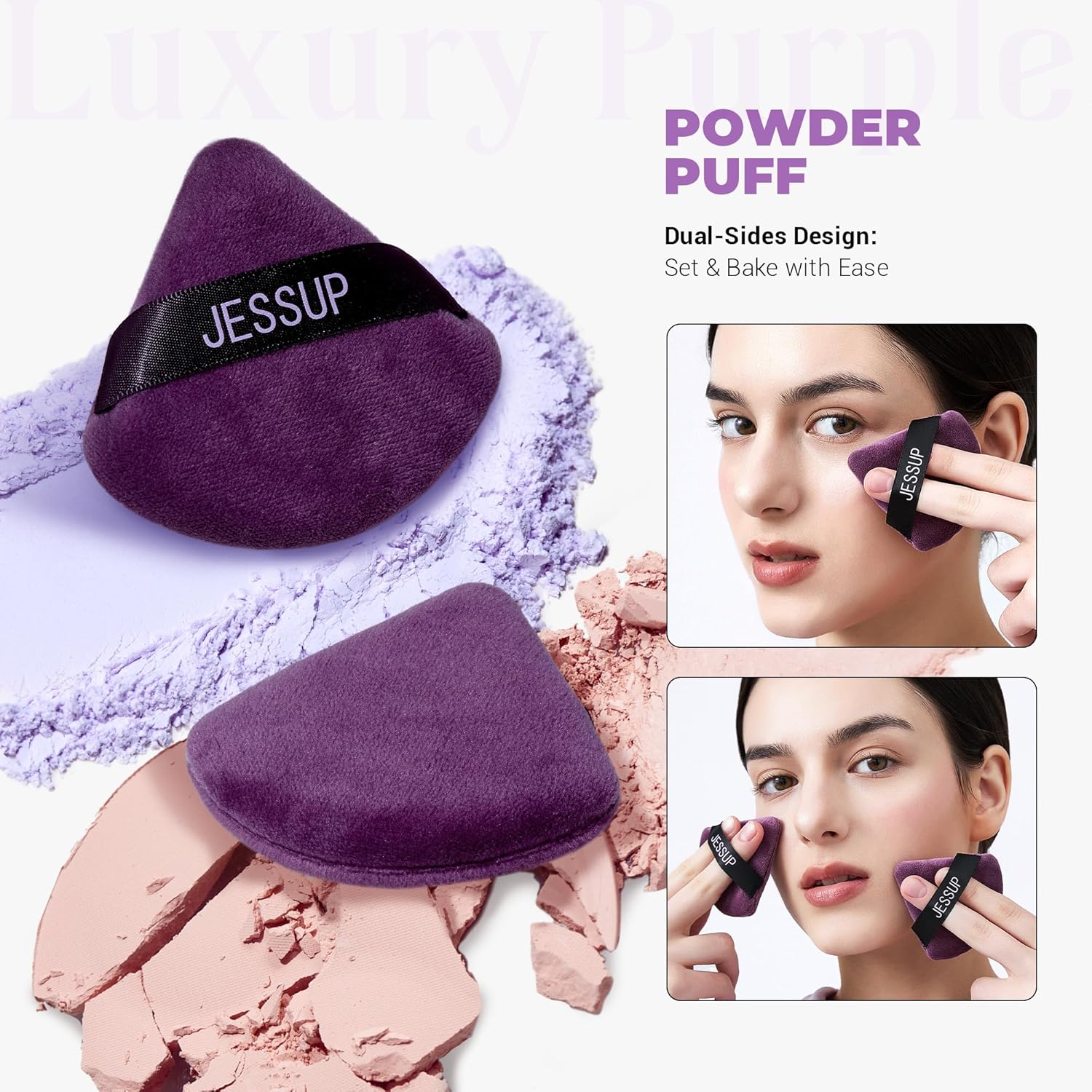 Jessup Powder Puff, 2pcs Triangle Powder Puff Soft for Foundation Setting and Baking, Reusable, Washable, Purple SP018-GlimoraGlow
