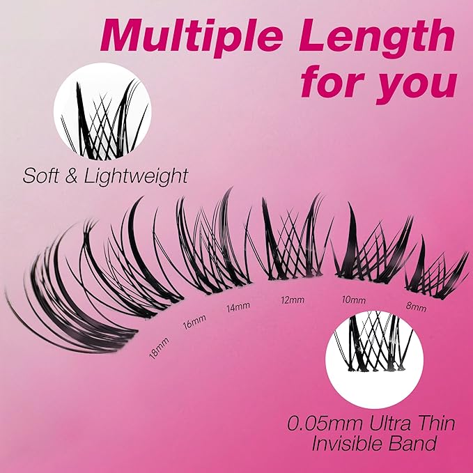 VEYESBEAUTY Lash Clusters Kit Eyelash Extensions Thin & Invisible Band DIY Individual False Eyelashes Newbie's Five-Second Series Lash Tray for Self-application, Sylph Lashes 8-18mm Mixed Length-GlimoraGlow