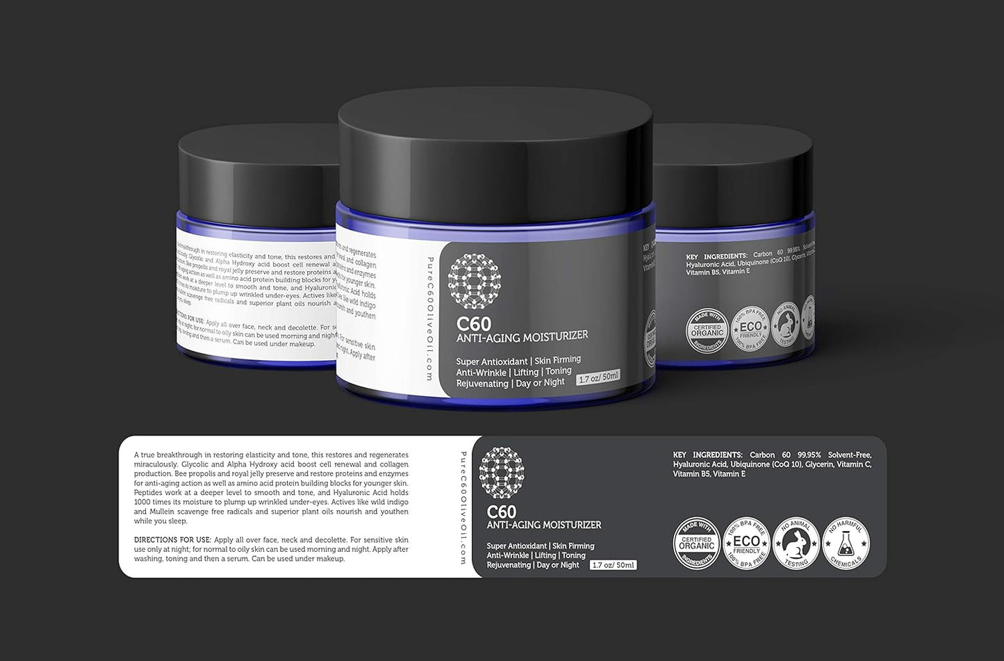C60 Complete Skin Care Solution - Anti Aging Moisturizer, Mask, Eye Cream and Serum with Carbon 60 Superantioxidant - Brightening for Dark Spots, Even Skin Tone, Eye Area, Fine Lines & Wrinkles-GlimoraGlow