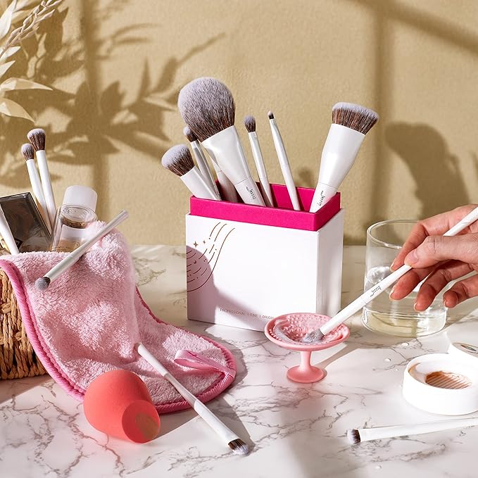 Jessup Makeup Brushes Set 14pcs Highend Makeup Gift Set for Women Include Foundation Concealer Blush Contour Powder Eye Shadow Brush, Makeup Sponge, Makeup Brush Cleaner and Towel, Pearl White T333-GlimoraGlow
