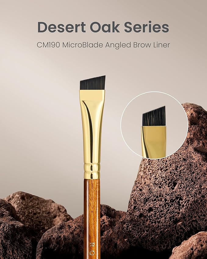 Desert Oak Series MicroBlade Angled Brow Brush - 11mm Ultra-Fine Nylon Bristles for 1mm Hair Strokes, Pomade/Gel/Powder Application, Bubinga & Brass (CM 190)-GlimoraGlow