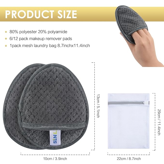SINLAND Reusable Makeup Remover Pads For Face,Eye,Lips Microfiber Gentle Facial Cleansing Cloths for All Skin Types Friendly for Makeup Remover With Laundry Bag 5.1inchx3.93inch Gray Pack of 6-GlimoraGlow