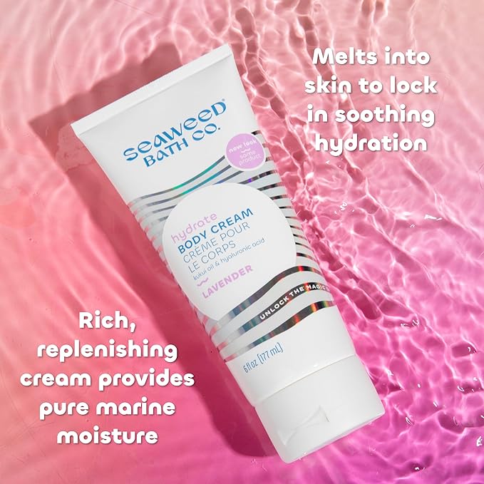 Seaweed Bath Co. Hydrate Body Cream, Lavender Scent, 6 Ounce, Nourishing Hand & Body Lotion Moisturizer for Dry Skin, with Sustainably Harvested Seaweed, Kukui Oil, Hyaluronic Acid, Shea Butter-GlimoraGlow