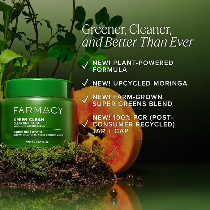 Farmacy Makeup Remover Cleansing Balm - Green Clean Waterproof Makeup Remover + Oil Based Cleanser - Newly Formulated Double Cleanser with Plant Based Waxes + Upcycled Moringa (200ml)-GlimoraGlow
