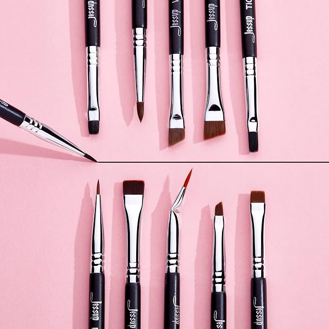Jessup Eyeliner Brush Set, Professional Eye Liner Makeup Brushes 11pcs, Angled Flat Definer Ultra Fine Bent Pencil Point Eyeliner Brushes for Precision Liner, T324-GlimoraGlow