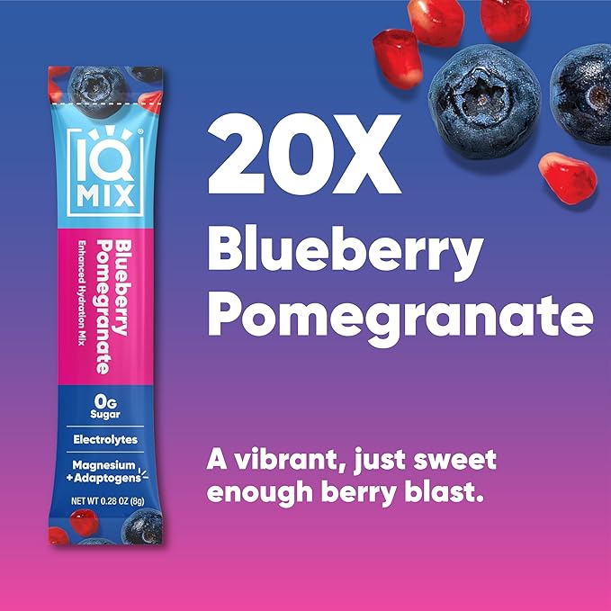 IQMIX Hydration Electrolyte Powder – 4-in-1 Formula for Hydration, Mental Clarity, Mood and Recovery – Sugar-Free Drink Mix, Keto, Magnesium L-Threonate, Lion’s Mane – 20 Count Blueberry Pomegranate-GlimoraGlow