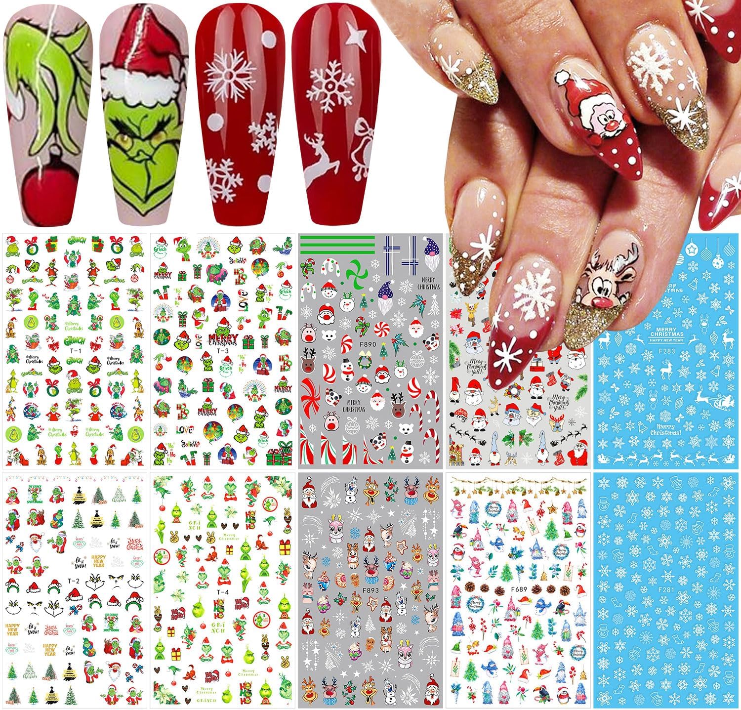 10 Sheets Christmas Nail Stickers 3D Xmas Decals Winter White Snowflake Santa Claus Snowman Bell Reindeer for Women Girls Christmas Designs Decoration Charms-GlimoraGlow