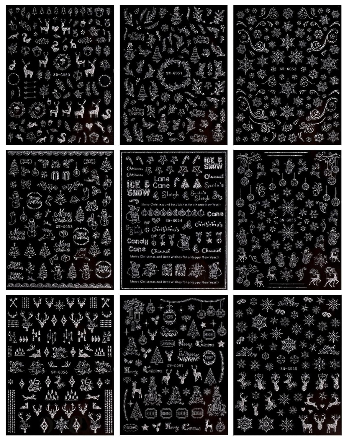 JMEOWIO 9 Sheets Christmas Glitter Nail Art Stickers Decals Self-Adhesive Snowflake Winter Holiday Silver Nail Supplies Nail Art Design Decoration Accessories-GlimoraGlow