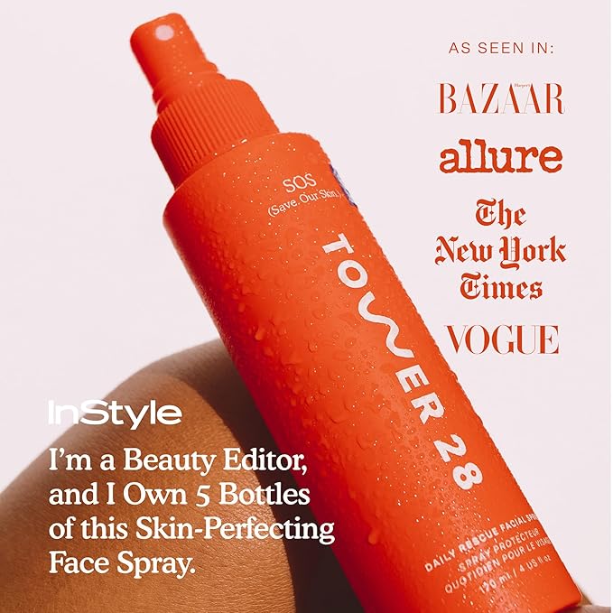 Tower 28 SOS Daily Rescue Facial Spray for Sensitive Skin, Hypochlorous Acid Spray Helps Reduce Redness and Breakouts, Full Size Toner for Face, 4 FL Oz-GlimoraGlow