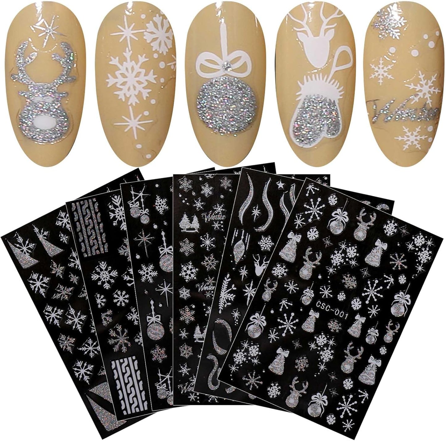 JMEOWIO 8 Sheets Christmas Glitter Nail Art Stickers Decals Self-Adhesive Snowflake Winter Holiday Cute Silver White Nail Supplies Nail Art Design Decoration Accessories-GlimoraGlow