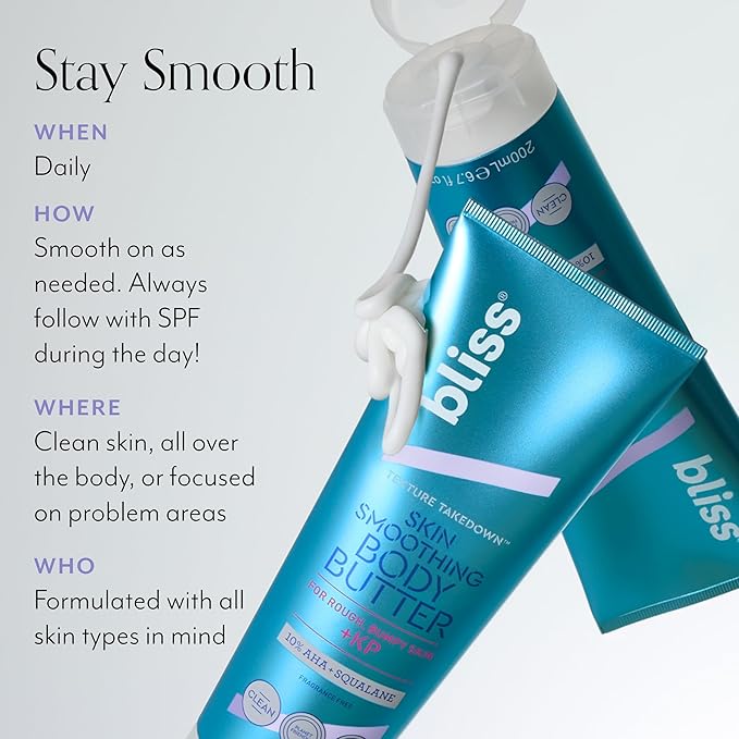 Bliss Body Butter Texture Takedown Skin Smoothing Lotion - Keratosis Pilaris KP - 6.7 Fl Oz - For Rough, Bumpy Skin - 10% AHA + Squalane + Shea Butter - Clean - Vegan & Cruelty-Free-GlimoraGlow