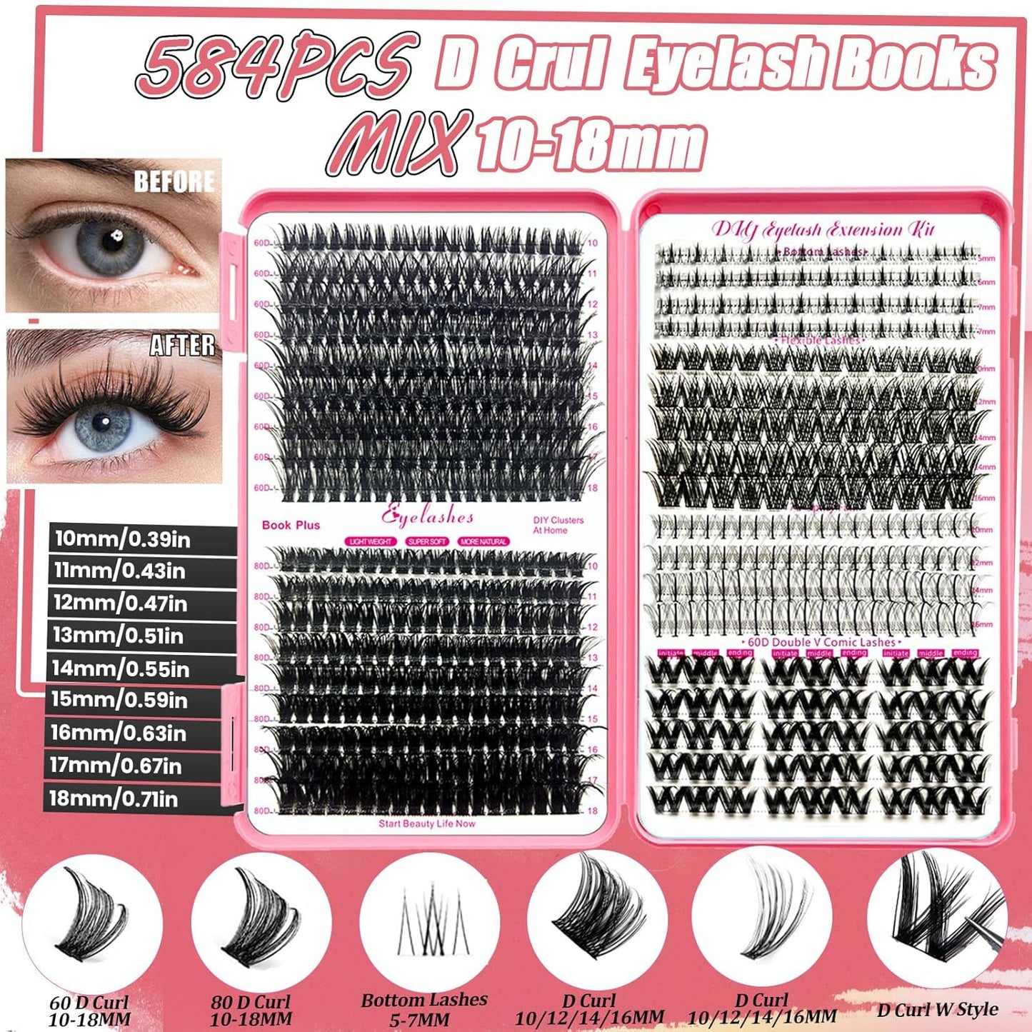 DIY Lash Extension Kit 584 Pcs Lashes Clusters with Bottom Lashes Lash Bond and Seal Glue Remover Lash Shampoo Cleansing Brush Headband Wristband Tweezers Eyelash Brush Applicator-GlimoraGlow