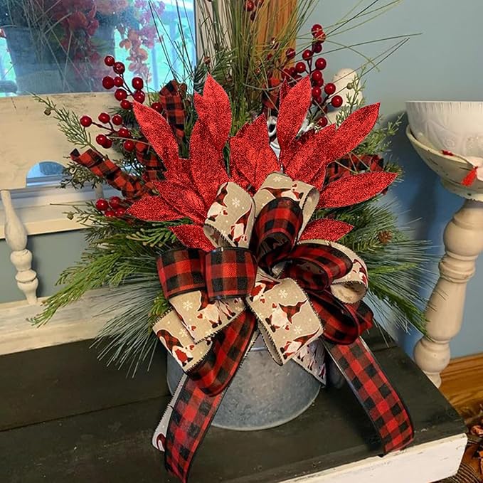 GREENTIME 12 Pack Artificial Red Glitter Leaves 13" Fake Christmas Picks Decorative Glitter Sticks for Vase Christmas Tree DIY Wreath Crafts Fireplace Decor