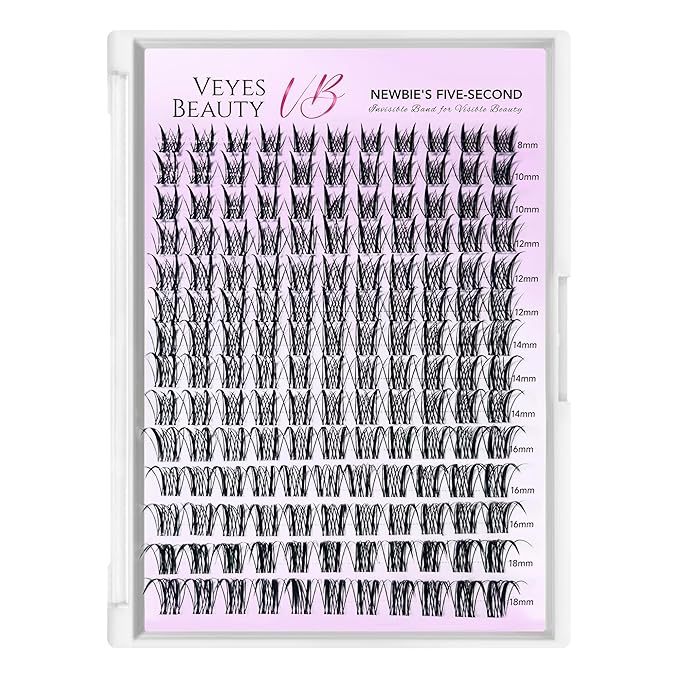 VEYESBEAUTY Lash Clusters Kit Eyelash Extensions Thin & Invisible Band DIY Individual False Eyelashes Newbie's Five-Second Series Lash Tray for Self-application, Sylph Lashes 8-18mm Mixed Length-GlimoraGlow