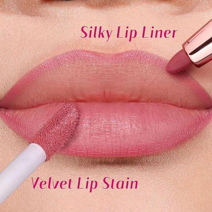 2 PCS Lip Liner and Lip Stain Combo Set, High Pigmented Long Lasting Velvet Lip Tint, Well-Defined Lipliner, Weightless Waterproof Not Animal Tested, Matte Finish Makeup-GlimoraGlow