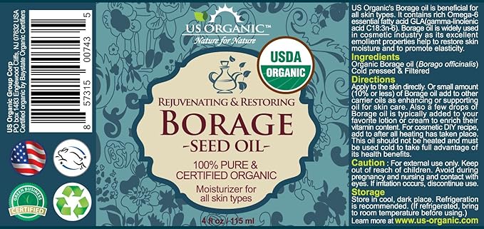 US Organic Borage seed Oil (18% GLA), USDA Certified Organic, 100% Pure & Natural, Cold Pressed, aka Starflower oil, in Amber Glass Bottle w/Eye dropper for Easy Application (4 oz (115 ml))-GlimoraGlow